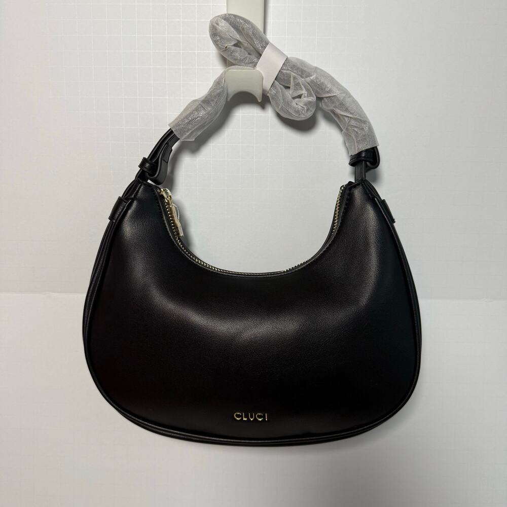 CLUCI Black Hobo Shoulder Bag Vegan Leather Baguette Purse Gold Hardware NWT - Picture 3 of 8